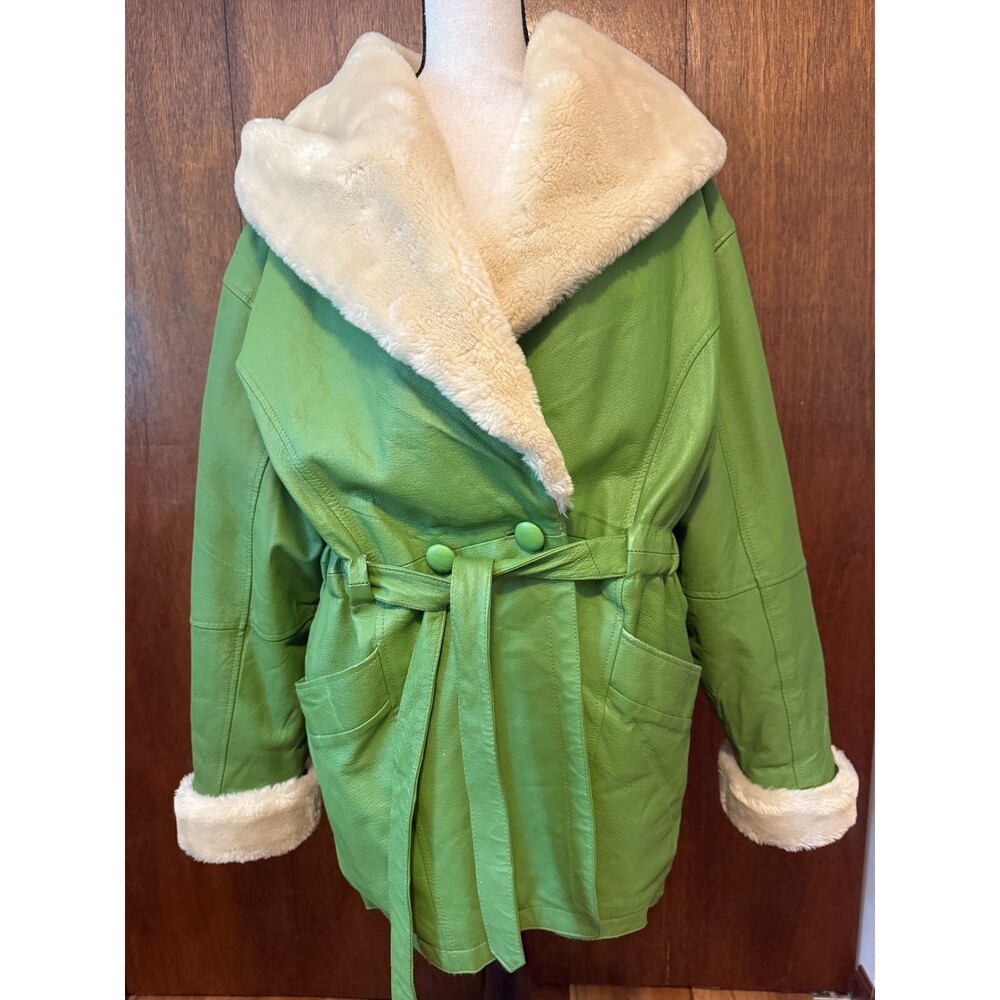 RARE Vtg Leather/Faux Fur Lined USA GREEN Coat w/Hood Penny Lane Protocol Medium